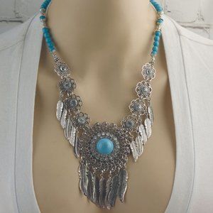 Turquoise Rhinestone Feather Disc Necklace Set